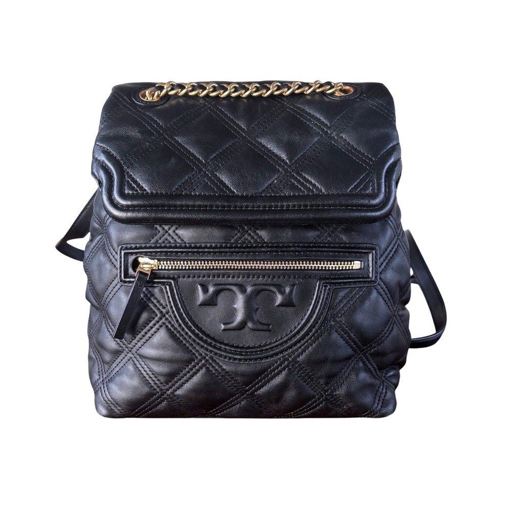 Tory Burch Fleming Quilted‎ Leather Backpack Black Gold Chain Logo Small Bag
